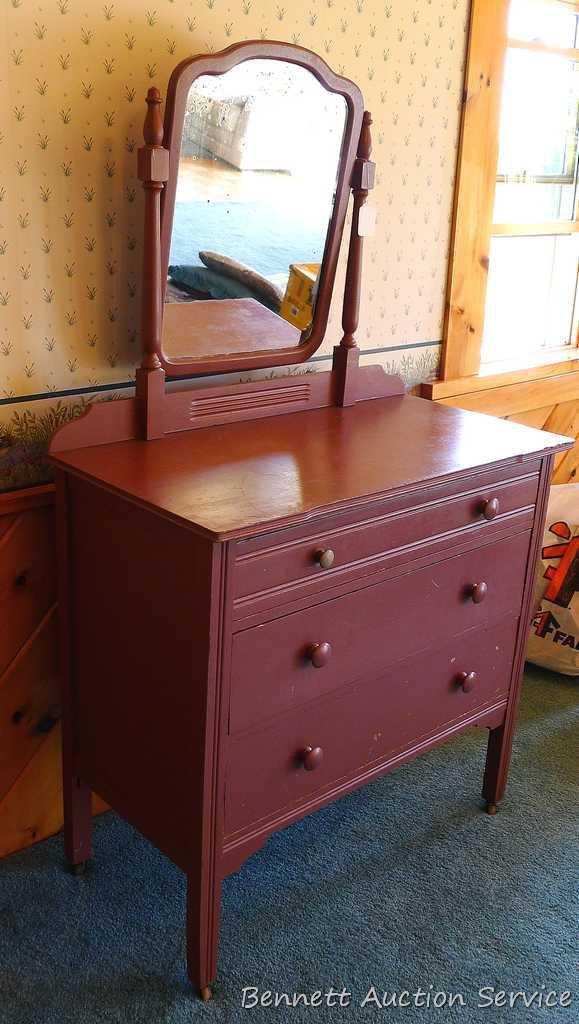 Vintage three drawer dresser with tilting mirror. Approx. 36" l x 18" d x 62" h. Drawers have dove