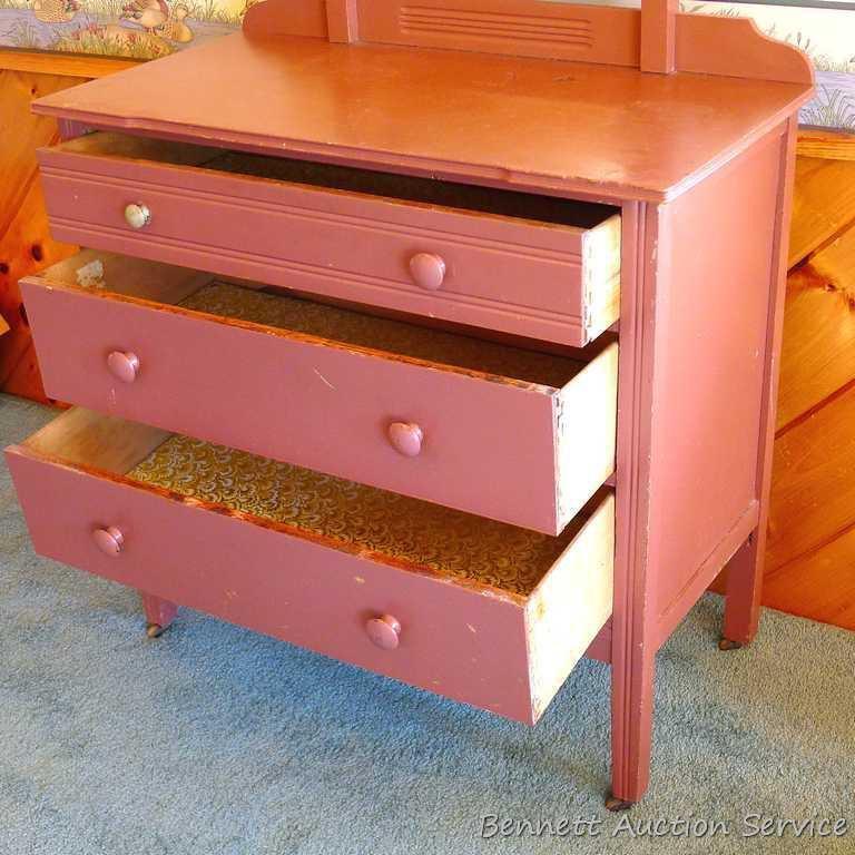 Vintage three drawer dresser with tilting mirror. Approx. 36" l x 18" d x 62" h. Drawers have dove