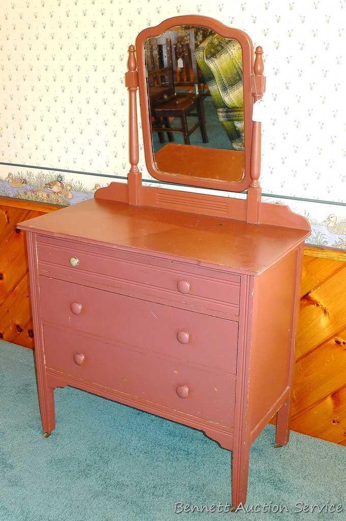 Vintage three drawer dresser with tilting mirror. Approx. 36" l x 18" d x 62" h. Drawers have dove