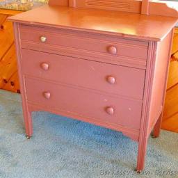 Vintage three drawer dresser with tilting mirror. Approx. 36" l x 18" d x 62" h. Drawers have dove