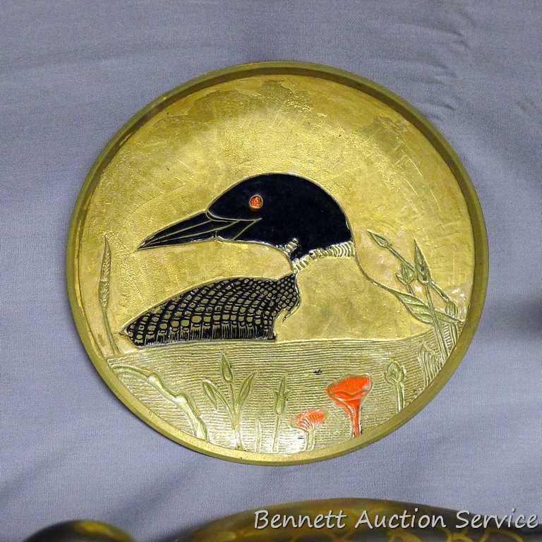 Brass pieces including 6" tall duck book ends, 6-1/2" diameter bowl, set of three ducks, loon