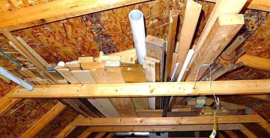 All the wood in the rafters of the shed including 2 x 12", 2 x 4", 1 x 6", 1 x 8", oak trim, wooden