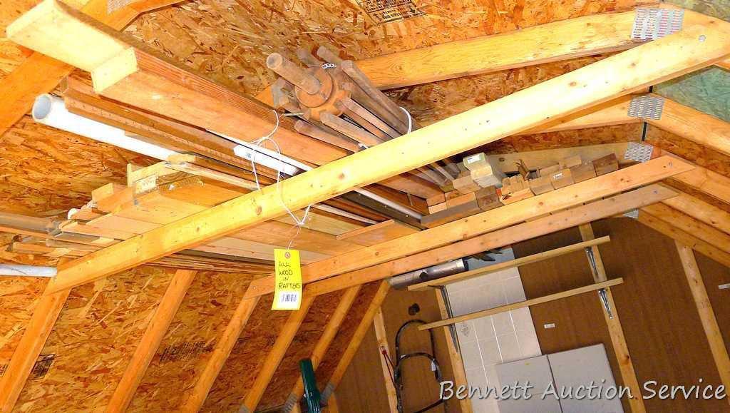 All the wood in the rafters of the shed including 2 x 12", 2 x 4", 1 x 6", 1 x 8", oak trim, wooden