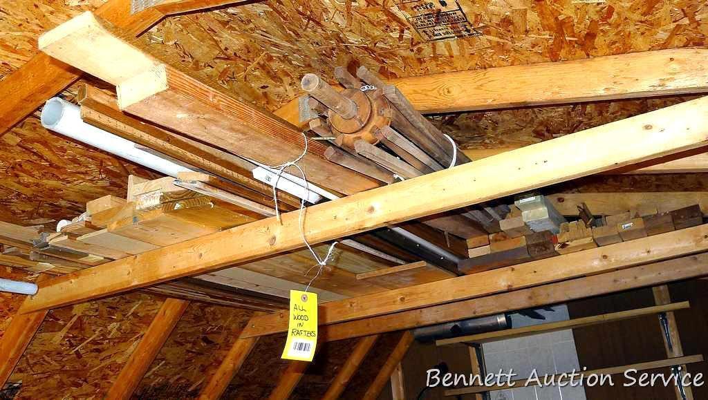 All the wood in the rafters of the shed including 2 x 12", 2 x 4", 1 x 6", 1 x 8", oak trim, wooden