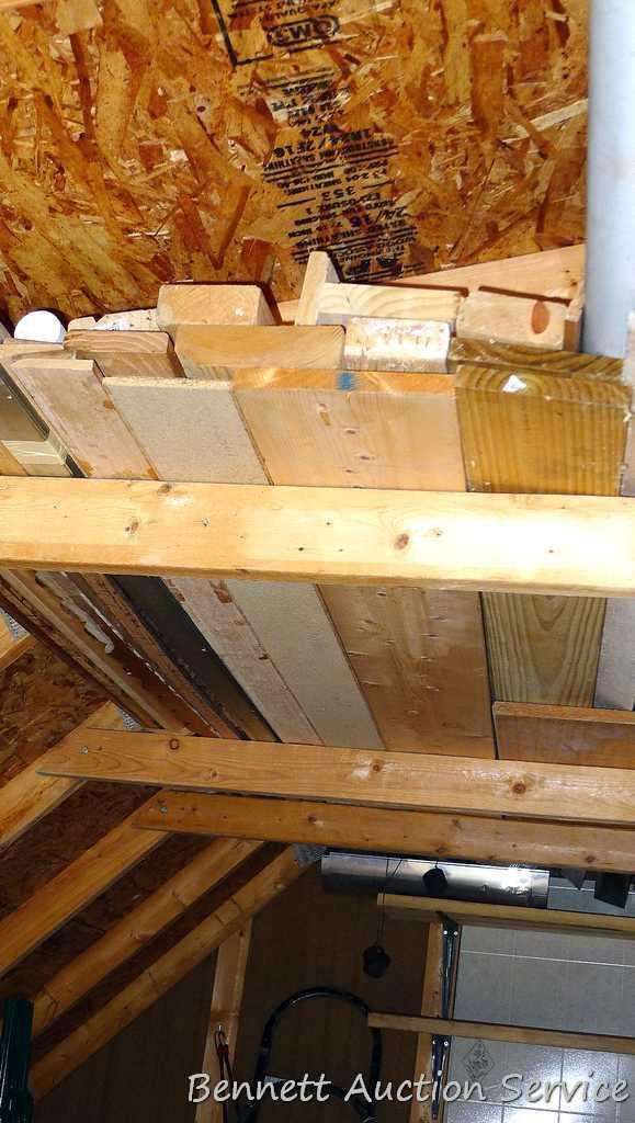 All the wood in the rafters of the shed including 2 x 12", 2 x 4", 1 x 6", 1 x 8", oak trim, wooden