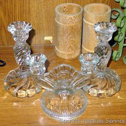 Candle holders up to 9-3/4" tall. Some are glass, some wood, some metal. Nice assortment.