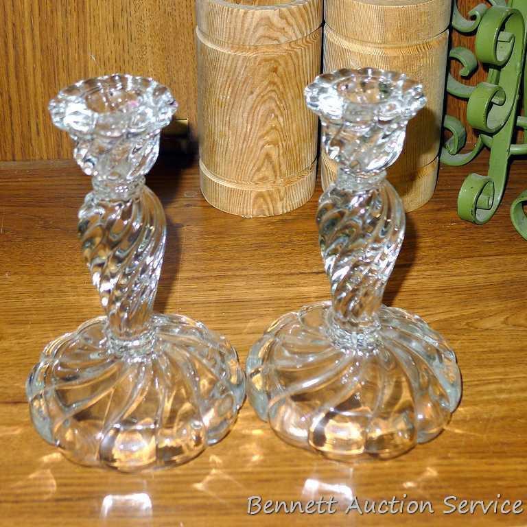 Candle holders up to 9-3/4" tall. Some are glass, some wood, some metal. Nice assortment.