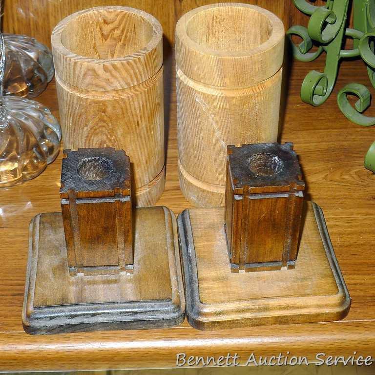 Candle holders up to 9-3/4" tall. Some are glass, some wood, some metal. Nice assortment.