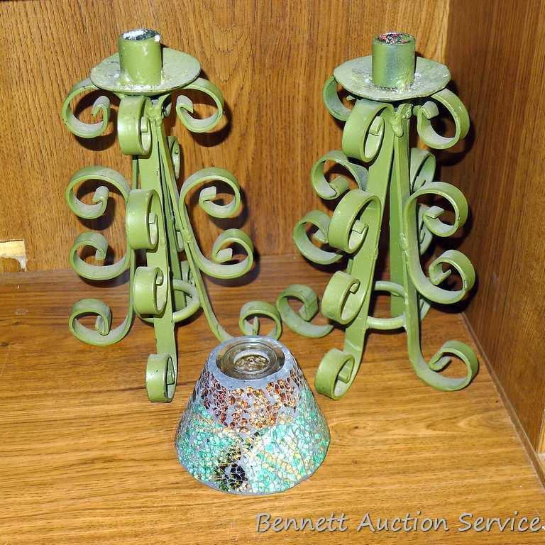 Candle holders up to 9-3/4" tall. Some are glass, some wood, some metal. Nice assortment.