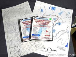 Three Pike Lake map prints, drawn by John Berg; Two Northern WI Fishing Map Guides - one is for