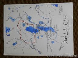 Three Pike Lake map prints, drawn by John Berg; Two Northern WI Fishing Map Guides - one is for