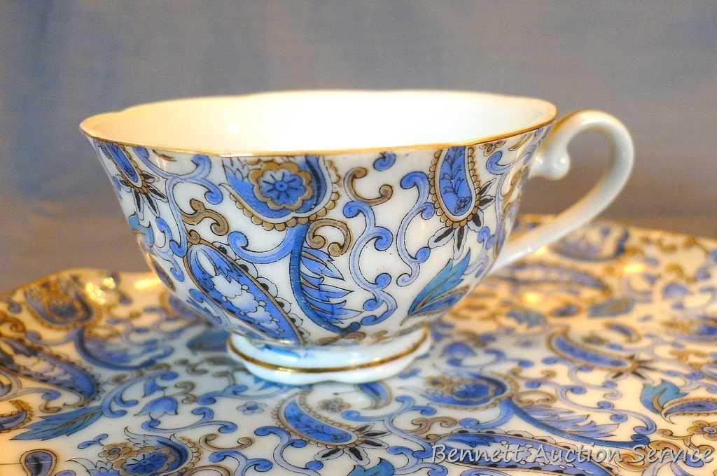 Lefton Blue Paisley snack plate and cup set includes four plates and four cups. Plates are marked