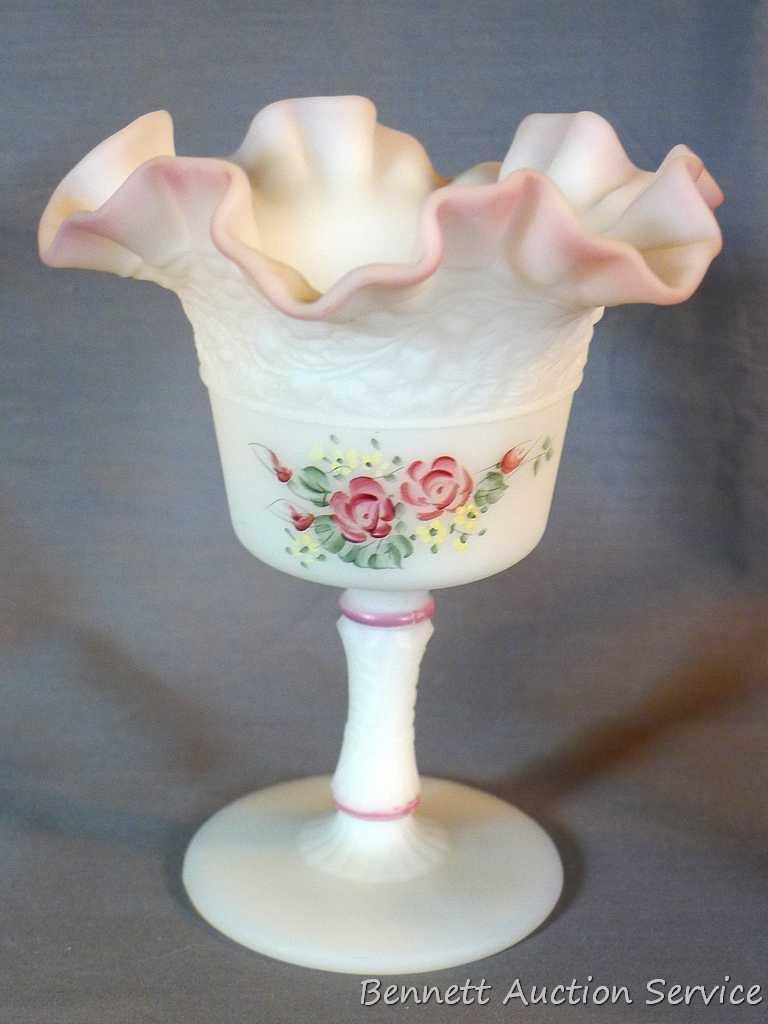 Fenton pieces include hand painted basket with ribbon candy edge is approx. 8-1/2" tall; red hand