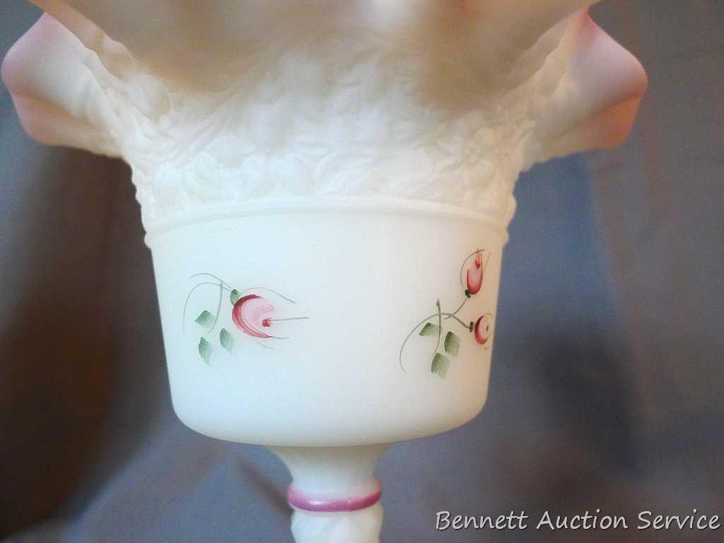 Fenton pieces include hand painted basket with ribbon candy edge is approx. 8-1/2" tall; red hand