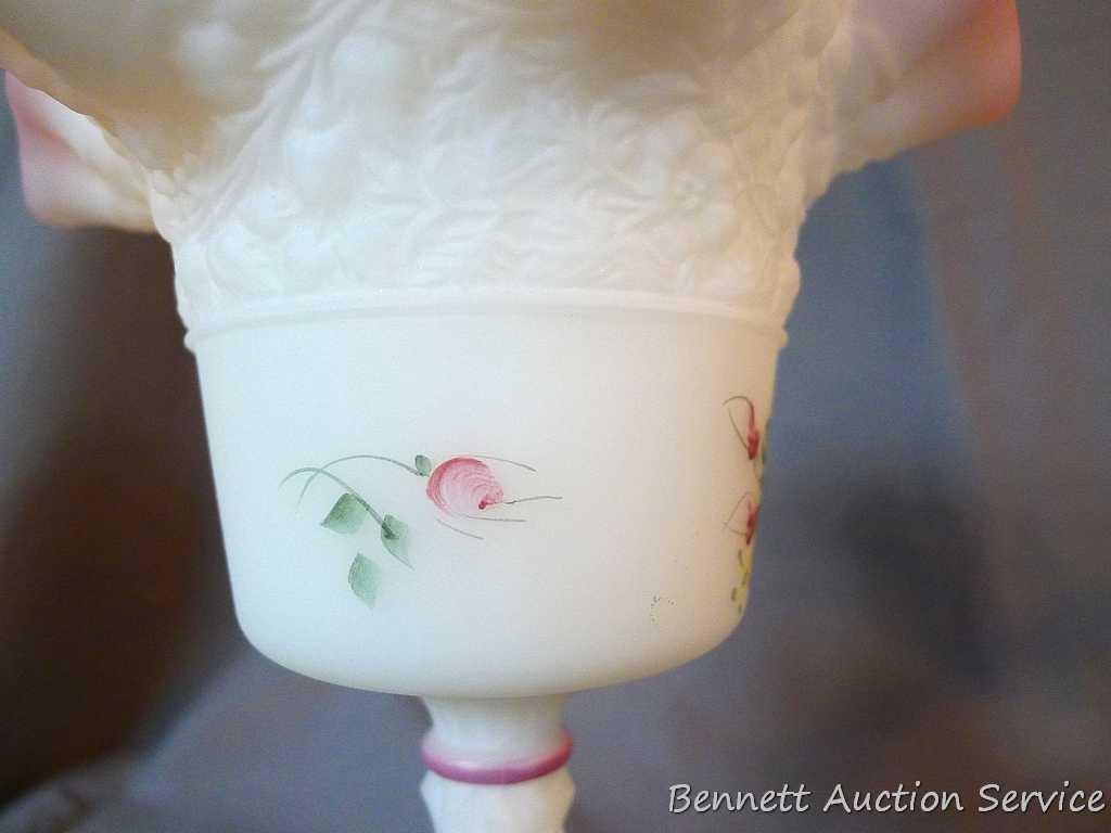 Fenton pieces include hand painted basket with ribbon candy edge is approx. 8-1/2" tall; red hand