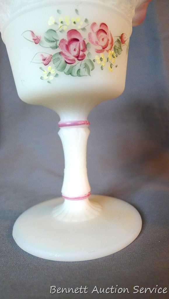 Fenton pieces include hand painted basket with ribbon candy edge is approx. 8-1/2" tall; red hand