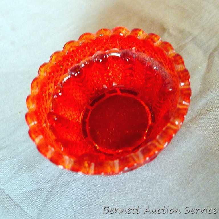 Fenton pieces include hand painted basket with ribbon candy edge is approx. 8-1/2" tall; red hand