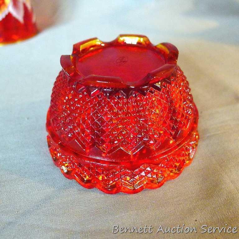 Fenton pieces include hand painted basket with ribbon candy edge is approx. 8-1/2" tall; red hand