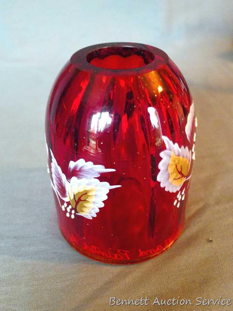 Fenton pieces include hand painted basket with ribbon candy edge is approx. 8-1/2" tall; red hand