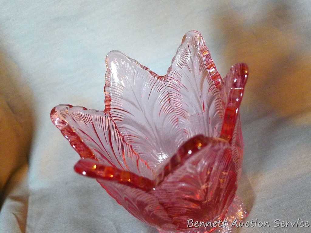 Fenton pieces include hand painted basket with ribbon candy edge is approx. 8-1/2" tall; red hand