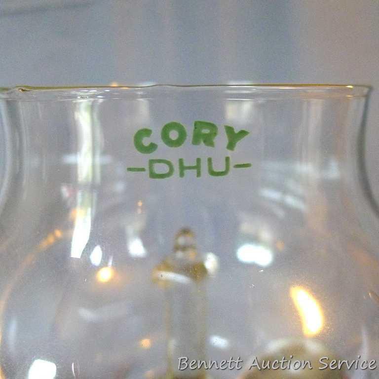 Vintage Cory DHU/DHL gasketed vacuum coffee maker with glass filter rod and original cover/stand.