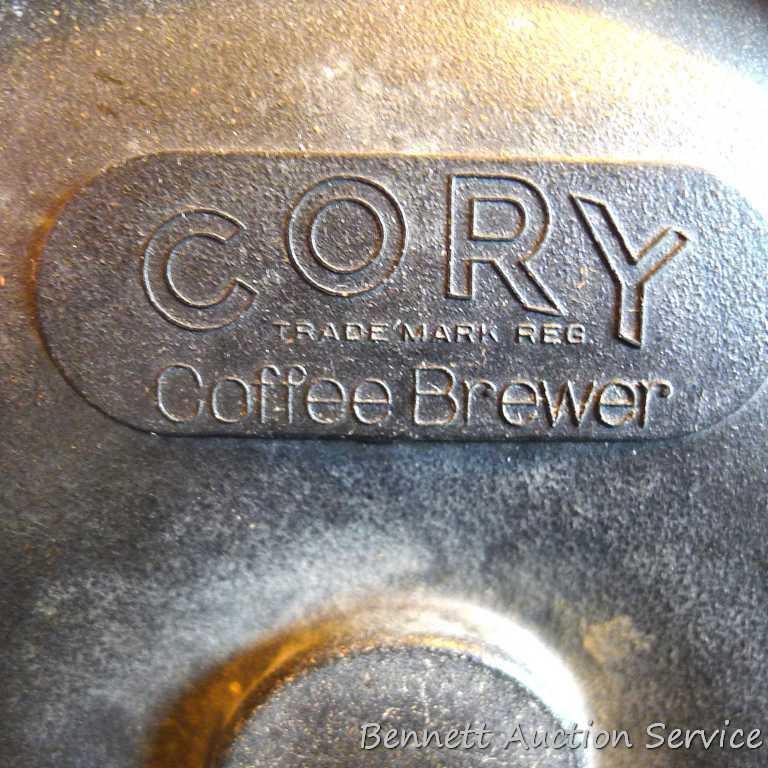 Vintage Cory DHU/DHL gasketed vacuum coffee maker with glass filter rod and original cover/stand.