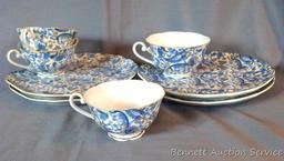 Lefton Blue Paisley snack plate and cup set includes four plates and four cups. Plates are marked