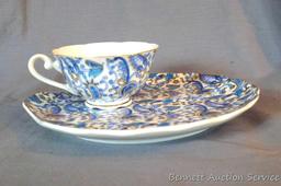 Lefton Blue Paisley snack plate and cup set includes four plates and four cups. Plates are marked