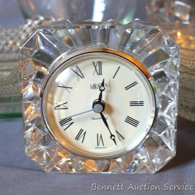 Clear glass apple canister; Mikasa clock; Lady and Gentleman cups (Gentleman cup comes with saucer);