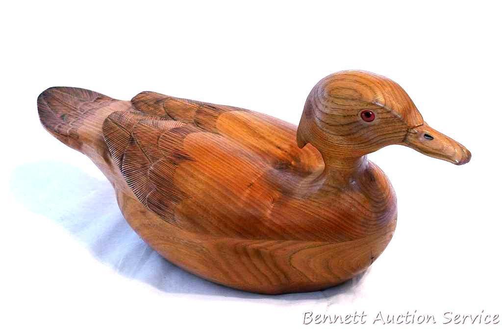 Wood duck carved out of butternut by Irv Phillips is nearly 15" overall.