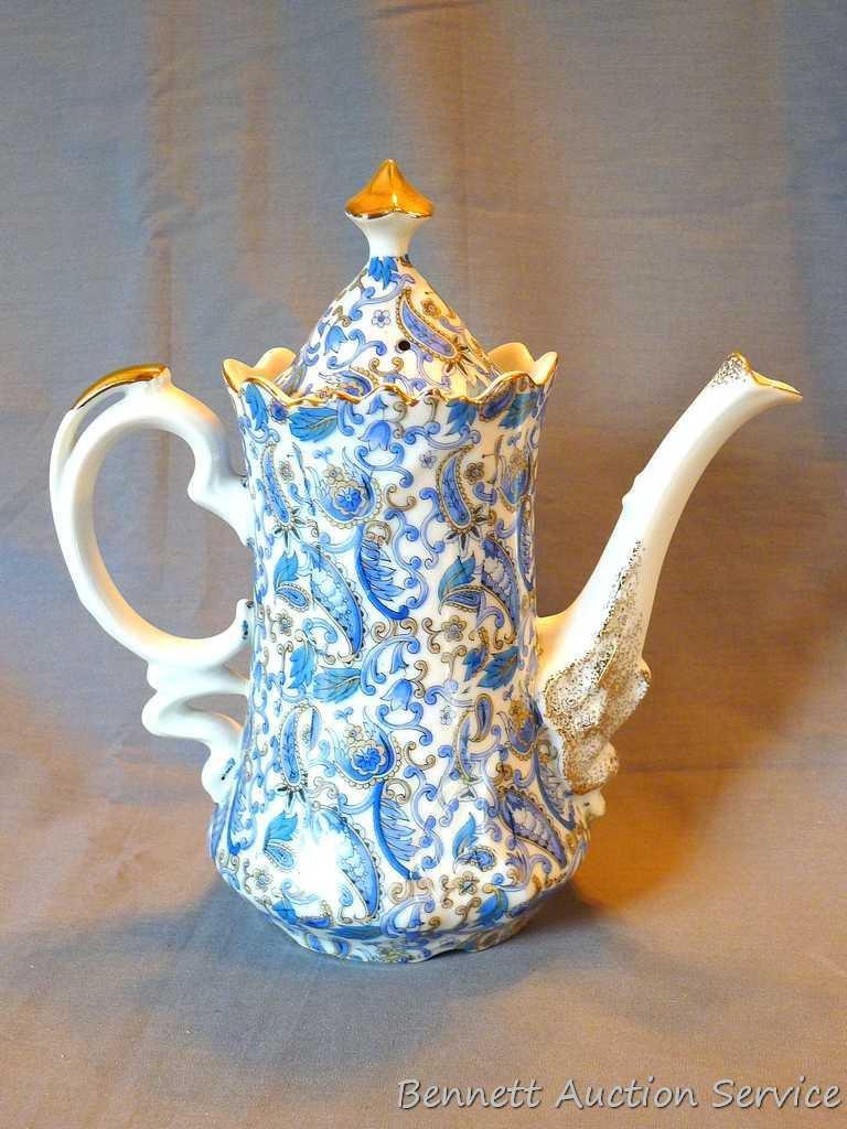 Lefton Blue Paisley coffee pot # NE1972. Pot is nice, lid has a chip the size of a BB. Also, Lefton