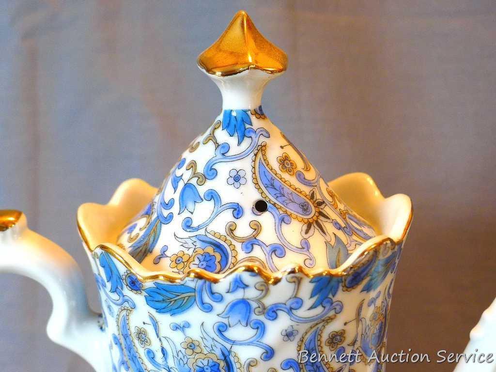 Lefton Blue Paisley coffee pot # NE1972. Pot is nice, lid has a chip the size of a BB. Also, Lefton