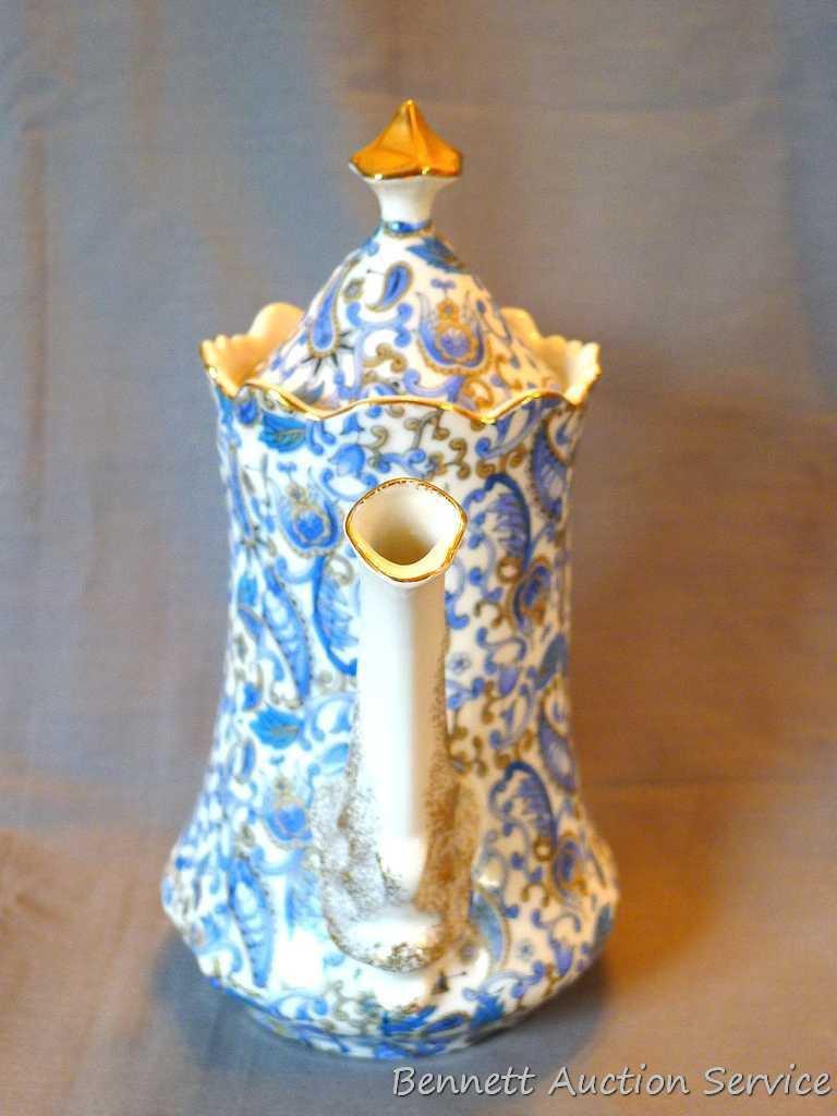 Lefton Blue Paisley coffee pot # NE1972. Pot is nice, lid has a chip the size of a BB. Also, Lefton