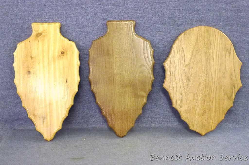 One skull mount board, six antler plaques and one turkey fan plaque. Cedar, oak, more.