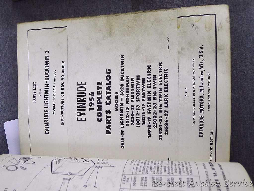 1957 & 1956 Evinrude Complete Parts Catalogs; 1958 Evinrude Lightwin-Ductwin 3 parts list; John