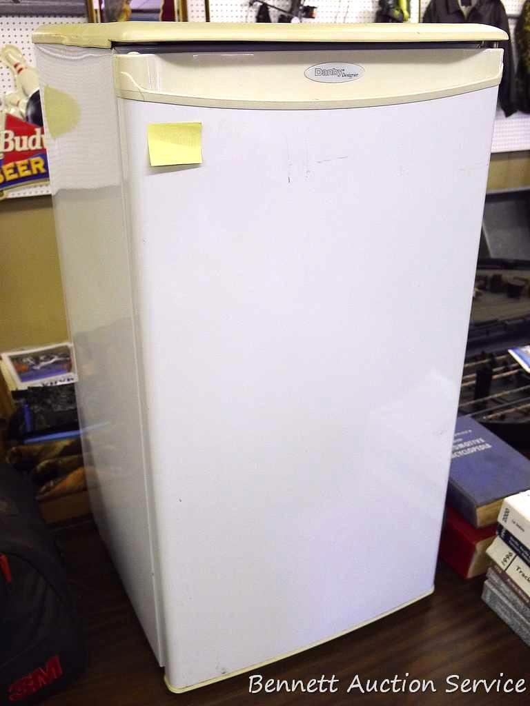 Danby mini refrigerator, DCR34W. Approx. 18" w x 18-1/2" d x 33"h. Tested, cools.