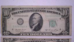 Four U.S. Ten dollar bills, series 1950, 1950A, 1950B, 1950B