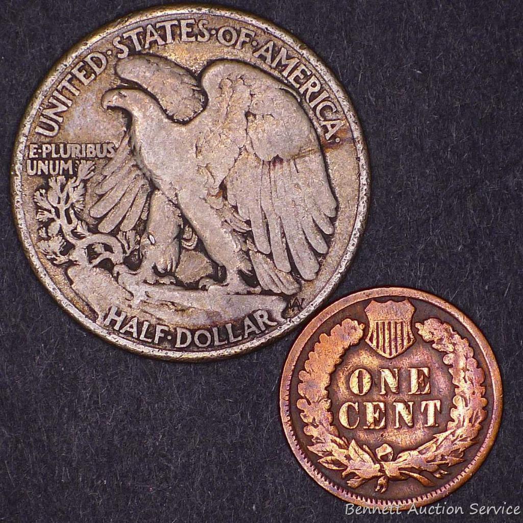 1899 Indian cent; 1943 Liberty 50 cent.