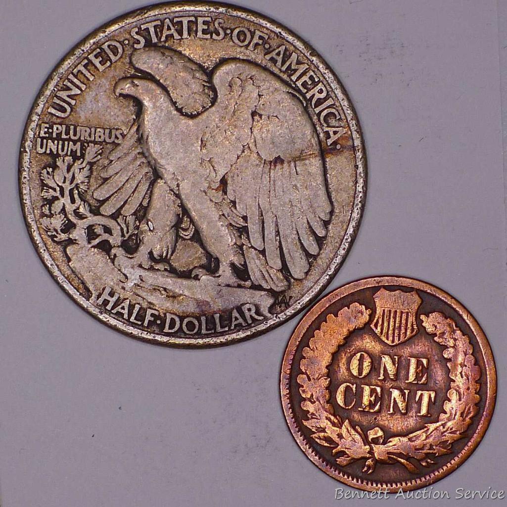 1899 Indian cent; 1943 Liberty 50 cent.