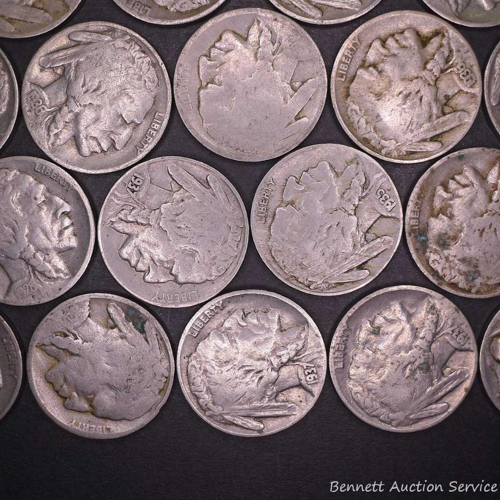 Thirty-six 5 cent pieces, 1920 to 1937.