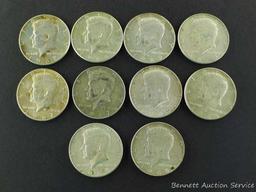 Ten 1965 through 1969 Kennedy silver clad half dollars