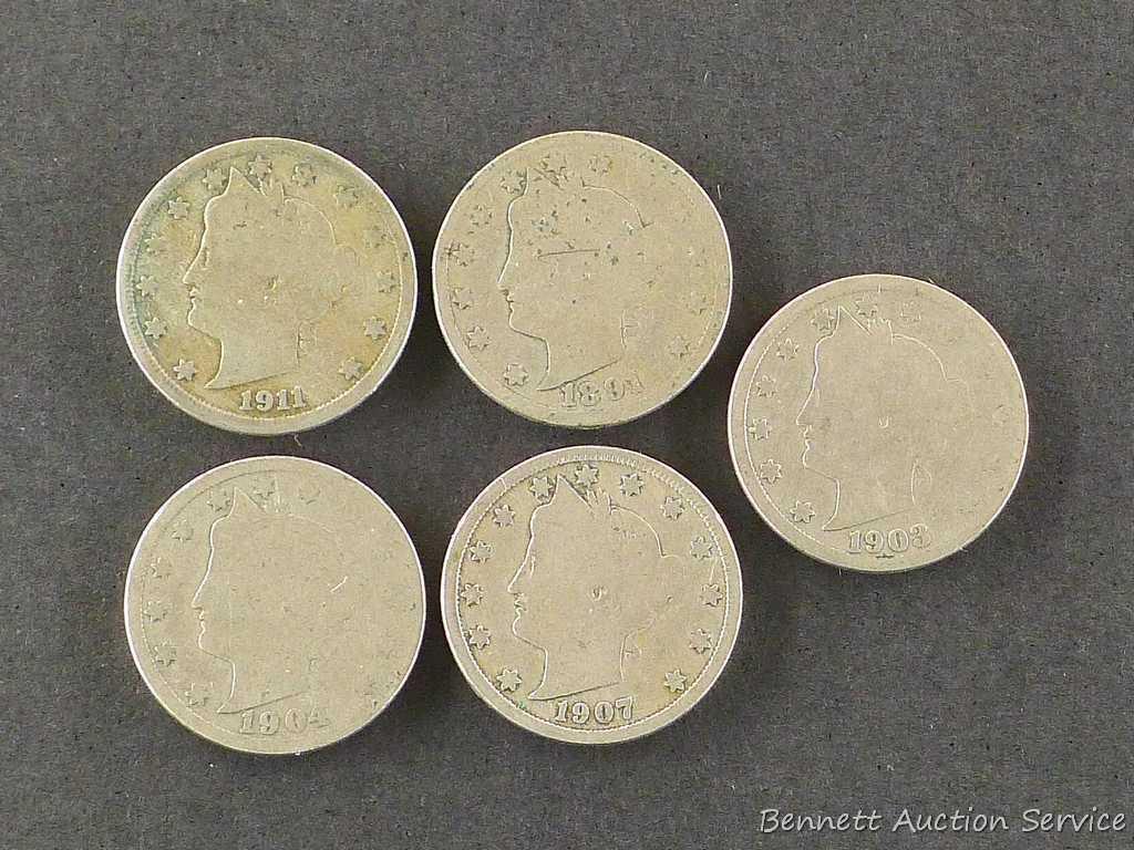 Five Liberty head 'V' nickels, random dates