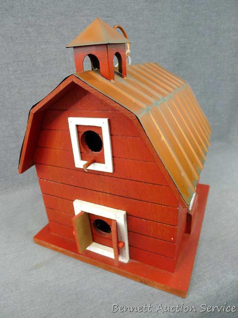 Charming red barn with copper roof bird house. Approx. 9-1/2" x 10" x 12" high.