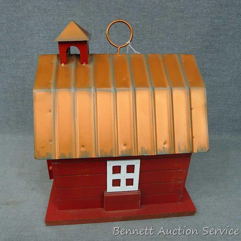 Charming red barn with copper roof bird house. Approx. 9-1/2" x 10" x 12" high.