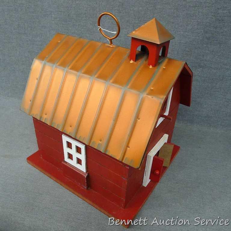 Charming red barn with copper roof bird house. Approx. 9-1/2" x 10" x 12" high.