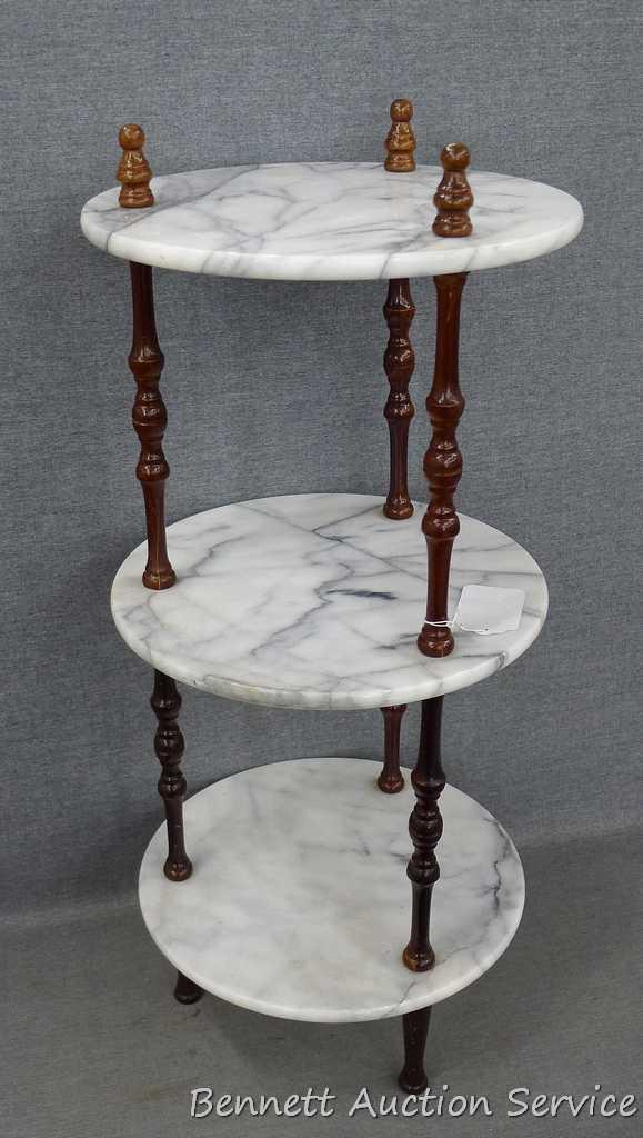 NO SHIPPING. Beautiful plant stand with three marble shelves. Approx. 12" w x 28" h. Nice piece to