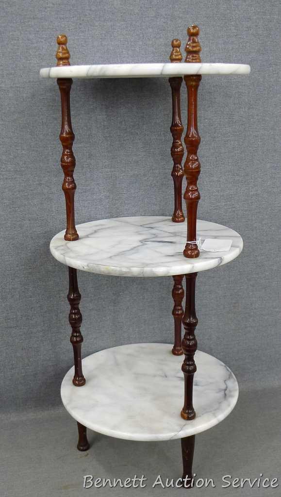 NO SHIPPING. Beautiful plant stand with three marble shelves. Approx. 12" w x 28" h. Nice piece to