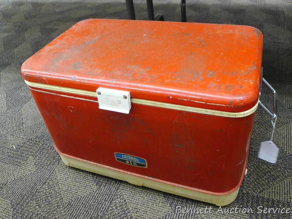 Vintage Thermos cooler. Approx. 21-1/2" l x 13" w x 15" h. Inside has some discoloration. Shows