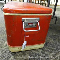 Vintage Thermos cooler. Approx. 21-1/2" l x 13" w x 15" h. Inside has some discoloration. Shows