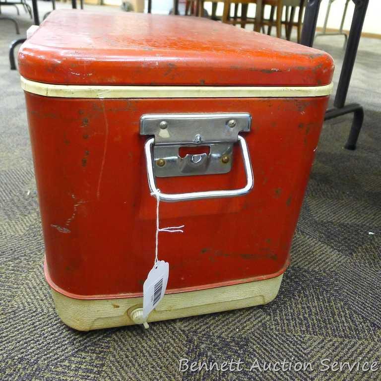 Vintage Thermos cooler. Approx. 21-1/2" l x 13" w x 15" h. Inside has some discoloration. Shows